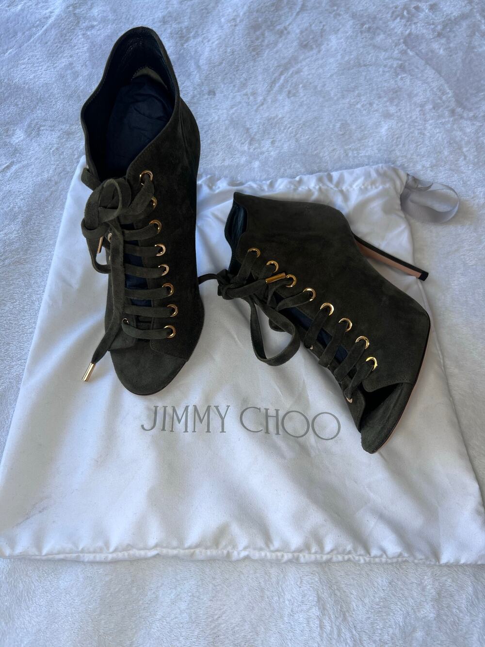 Jimmy Choo Dark Olive Suede Lace Up Peep Toe Heels Women 6.5 EU 36.5 Booties